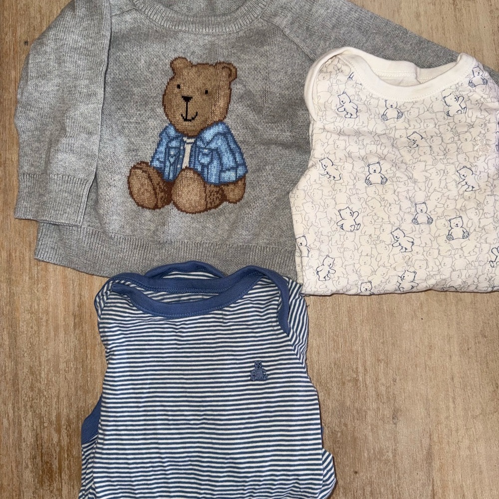 GAP Gray Teddy Sweater with Blue Striped Tank & Bear Print Onesie